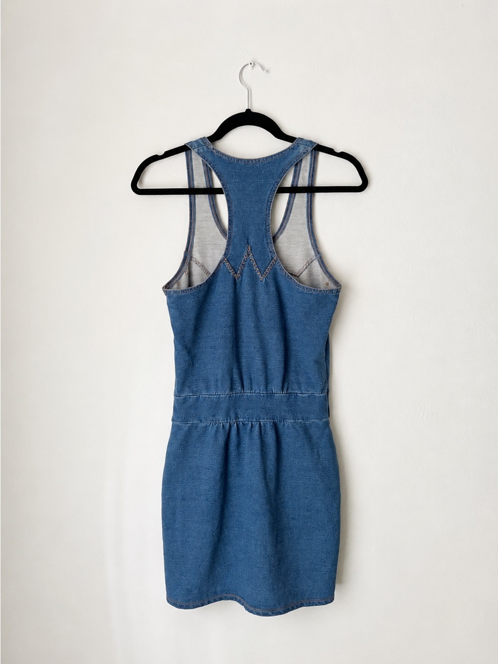 Blue Denim-Inspired Cotton Racerback Tank Dress with Pockets | Boho | Stretchy - Picture 2 of 8